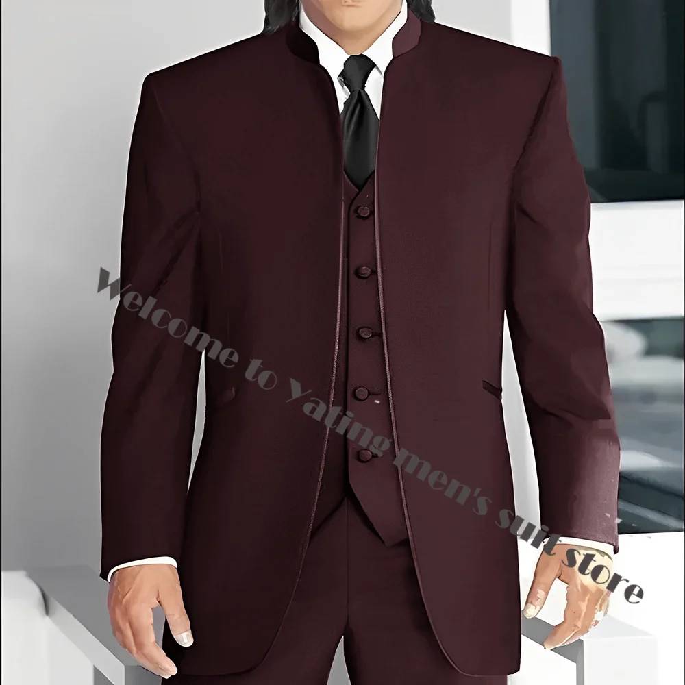 Middle East Stand Collar Men Suits Groom Wedding Tuxedos Black Men's Suit with 3 Piece Trim Fit Formal Wear Prom Men Blazer