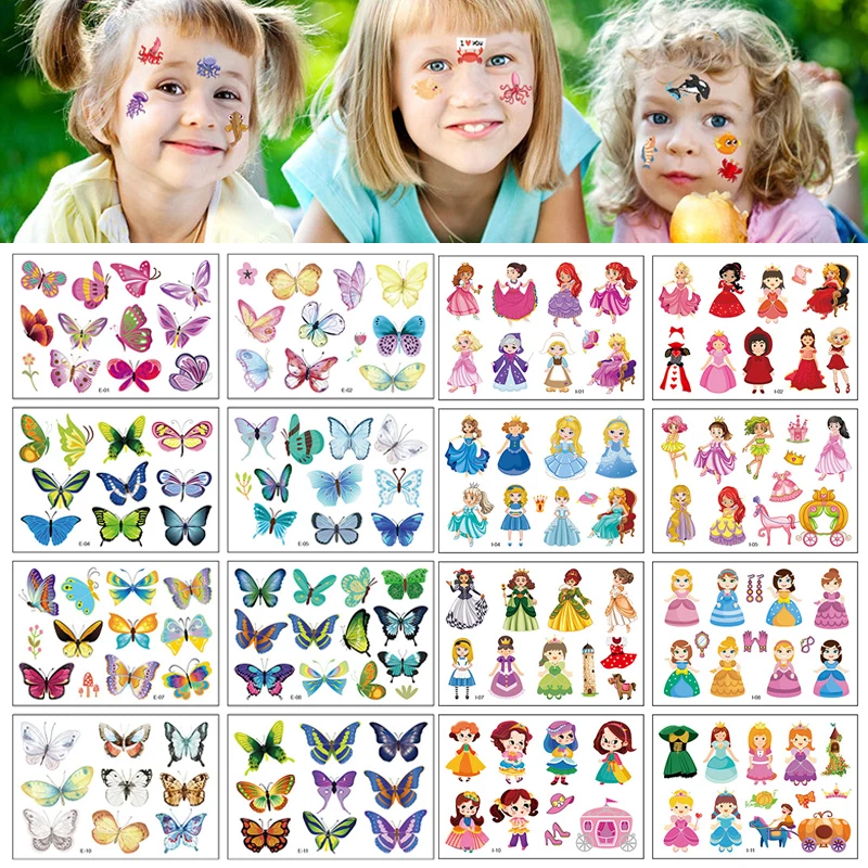 

12Pack Fake Tattoo Stickers Cartoon Temporary Tattoos Kids Arms DIY Body Cartoon Collection Mermaid Unicorn Butterfly Princess