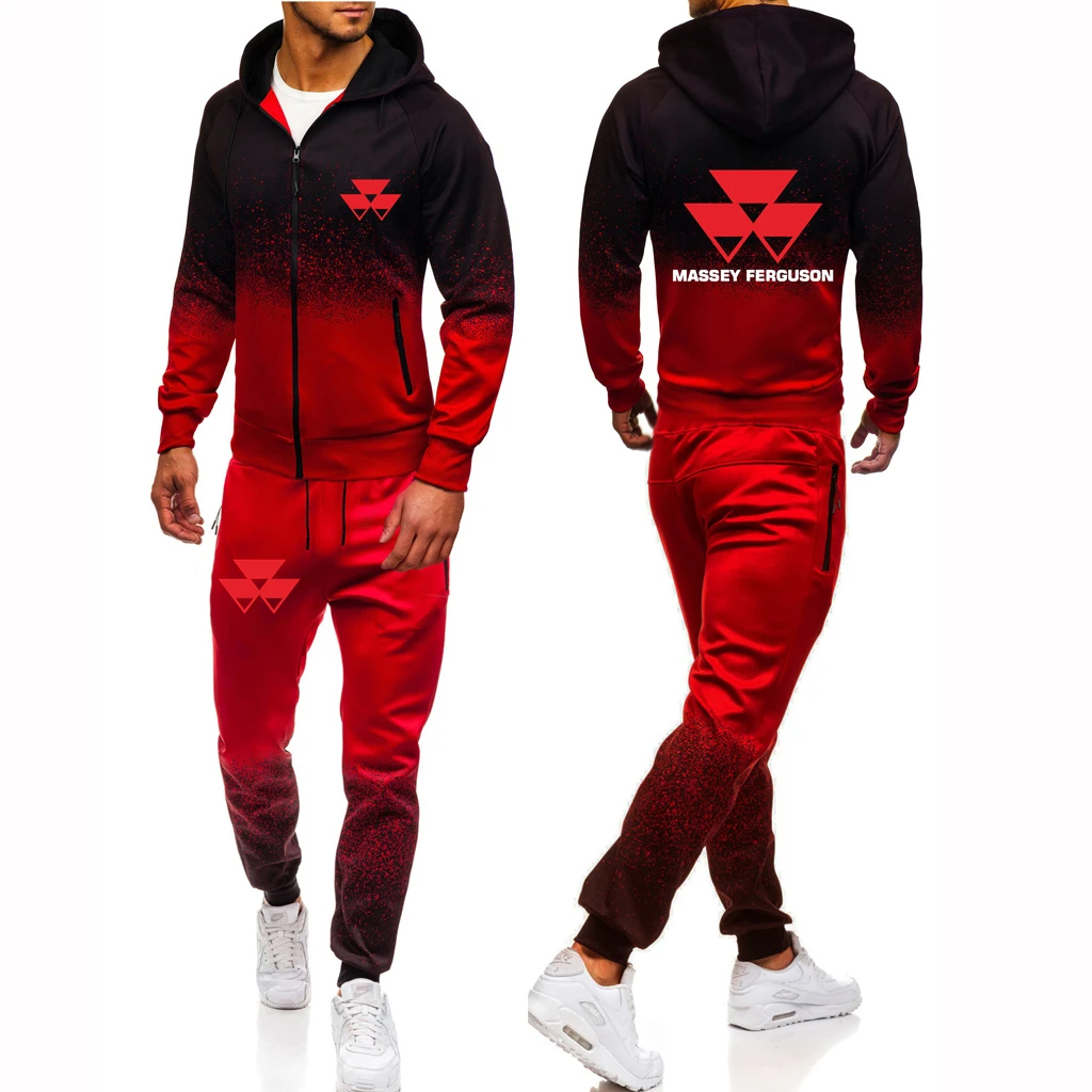 

2022 Autumn New MASSEY FERGUSON Logo Printed Custom Made Gradient Color Men Zipper Jacket Hoodie+Pants Drawstring Casual Man Set