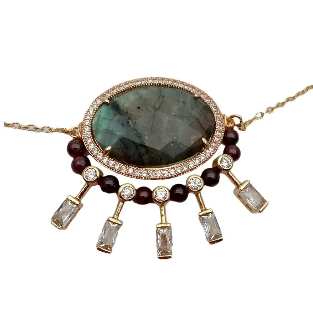 2x30mm Natural Labradorite Garnet Cz Beads Faceted Gemstone Gold Plated Chain Necklace pendant necklace,silver necklace,gold necklace