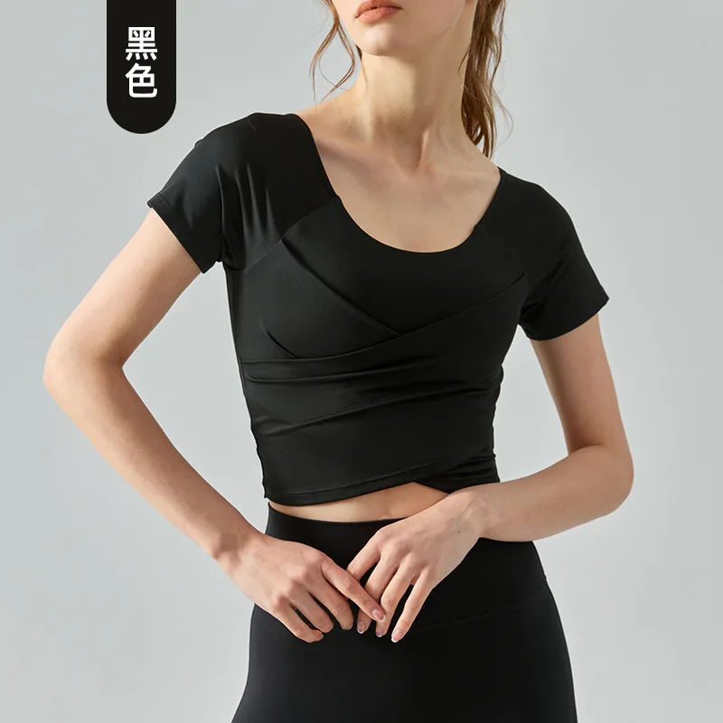 Nadanbao Woman Sports Bra Breathable Yoga Tops Back Cross Female Sportswear Plicated Outdoor Short Sleeve Exercise Gym Top