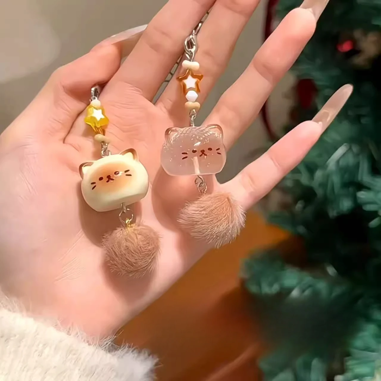 Adorable 3D Kitten Phone Charm with Fluffy Pompom Tail - Creative Cartoon Keychain Pendant