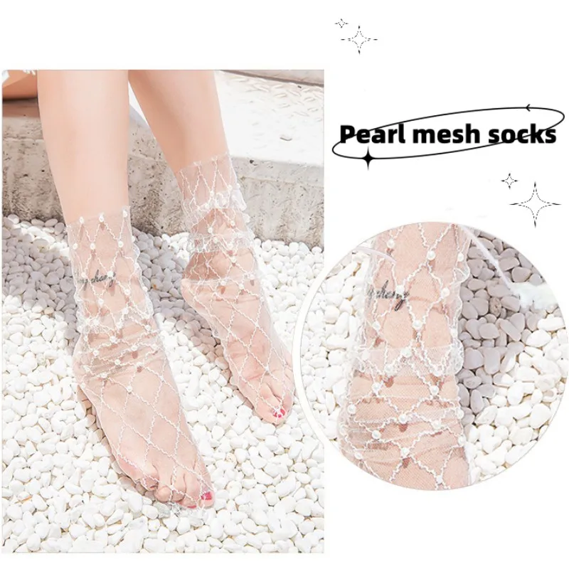 

1pair Sexy Mesh Socks Summer Women'S Fashion Pearl Black White Mesh Socks Breathable Transparent Heer Mid-Calf Stacked Socks