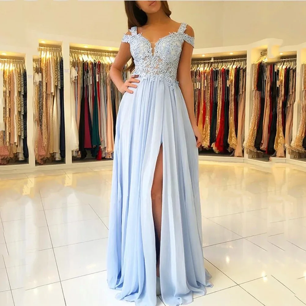 

Светильник-голубые платья 2022 Proom, кружевное шифоновое платье с аппликацией и разрезом, с открытыми плечами, для вечеринки, подружки невесты, для подружки невесты, для свадьбы