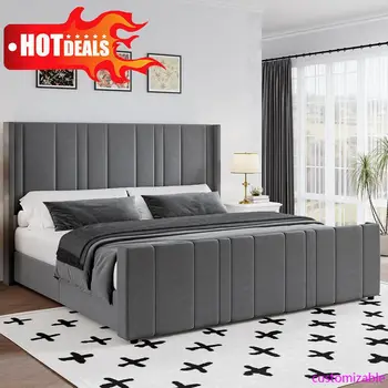 King Size Upholstered Bed Frame with Headboard 1