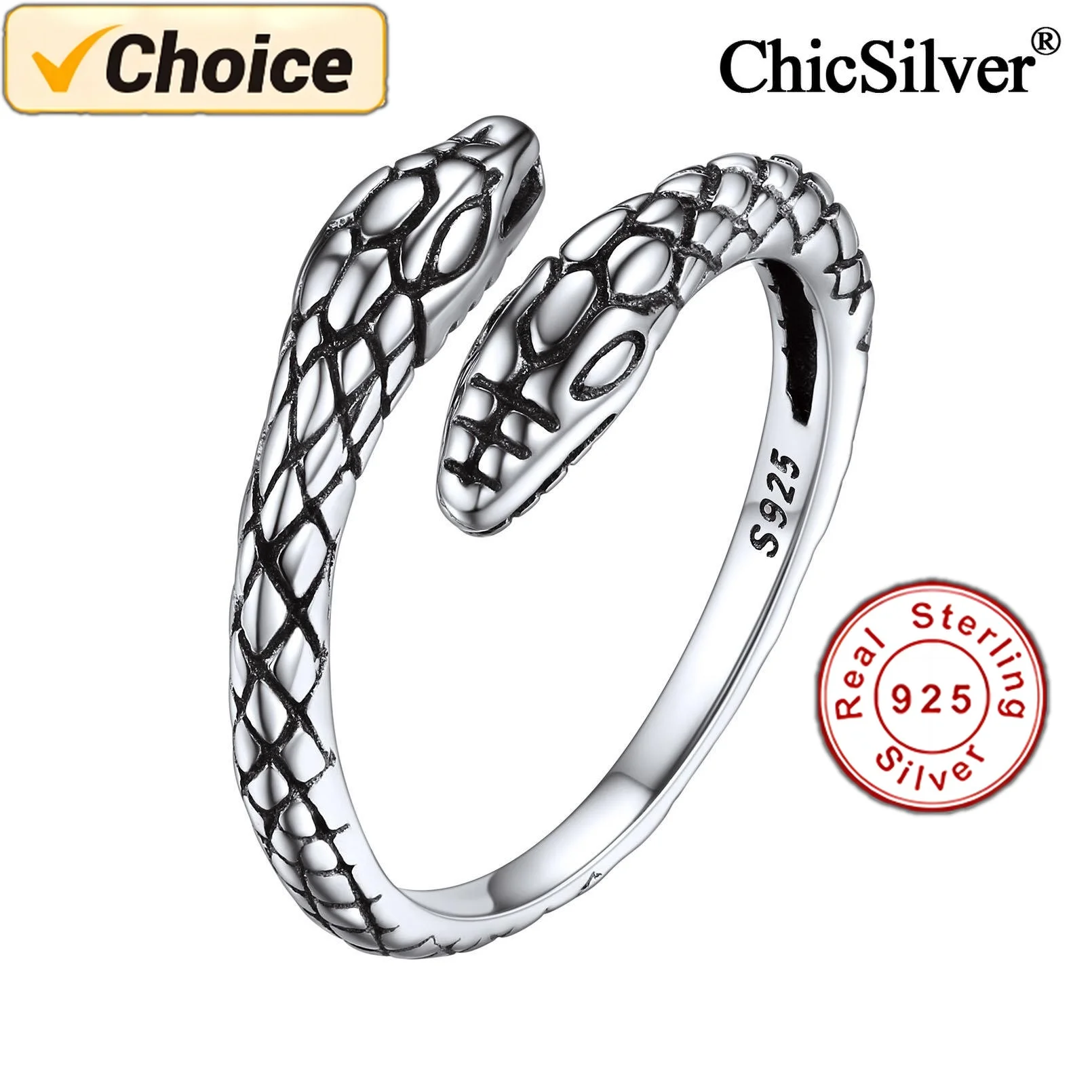 

925 Sterling Silver Vintage Double Head Snake Ring for Women Men Adjustable Serpent Ouroboros Stackable Open Ring