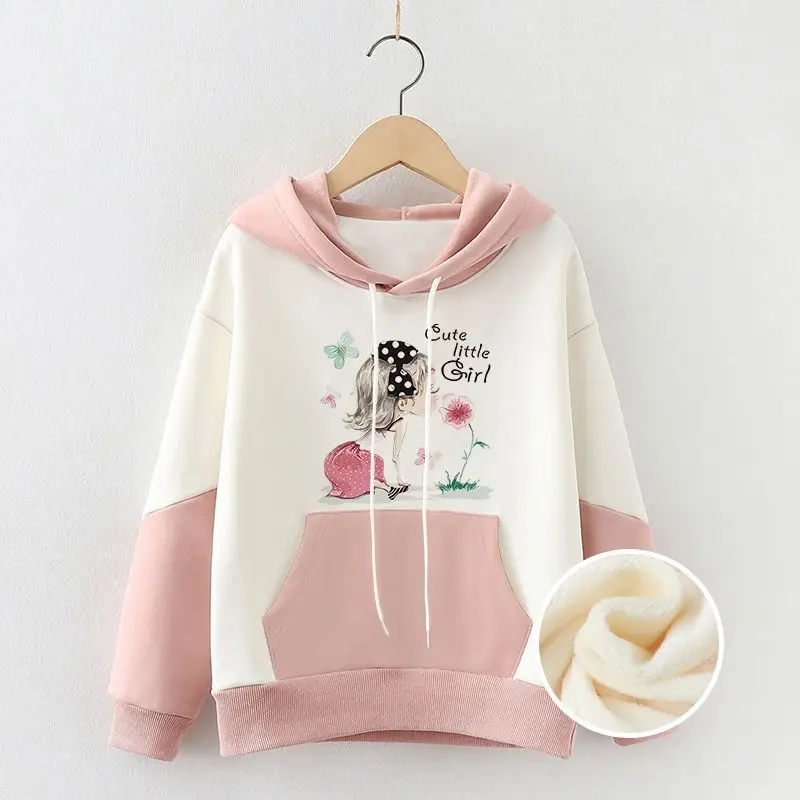 Harajuku Sweet Sweatshirt Hoodies Cartoon Cat Printed Hooded Women Winter Thick Warm Female Cute Kawaii Tops Tracksuit