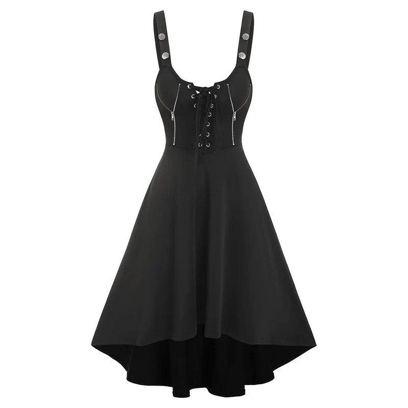 

Solid Black Goth Lace Up Zippers High Waist Dip Hem Dress Women Party Punk Cool High Low Midi Irregular Sleeveless Vestidos