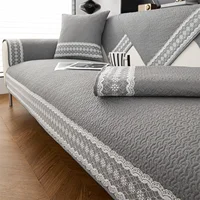 1pc Simple Quilted Sofa Cover with Lace Decor Couch Cushion Cover for Living Room Sofa Towel, Four Season Anti-Slip Slipcover 1