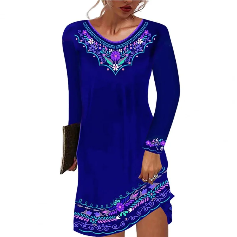 Vintage Dress Women Autumn O-neck Long Sleeve Waist Tight A-Line Lady Retro Embroidered Flower Print Casual Dress 2023 New