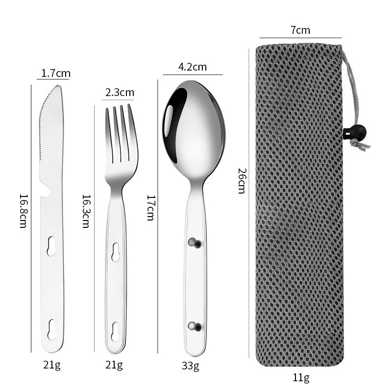 TRALOW 3Pcs 스테인레스 스틸 접이식 수저 세트-하이킹, 피크닉, 여행, 캠프용 소형 휴대용 다기능 야외 식기류