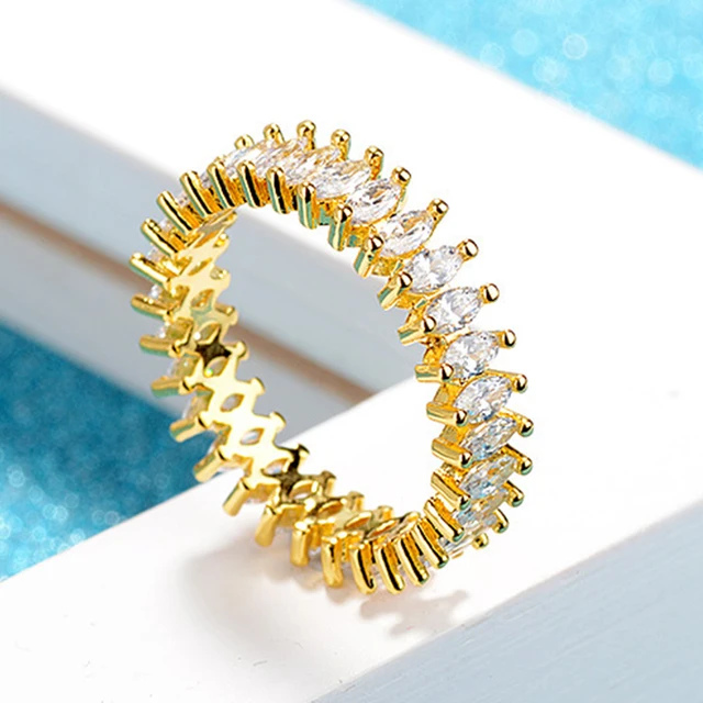 Handmade Eternity Promise Gold Crystal Ring AAA CZ Zirconia Engagement Wedding Band Rings for Women Men Finger Party Jewelry 30