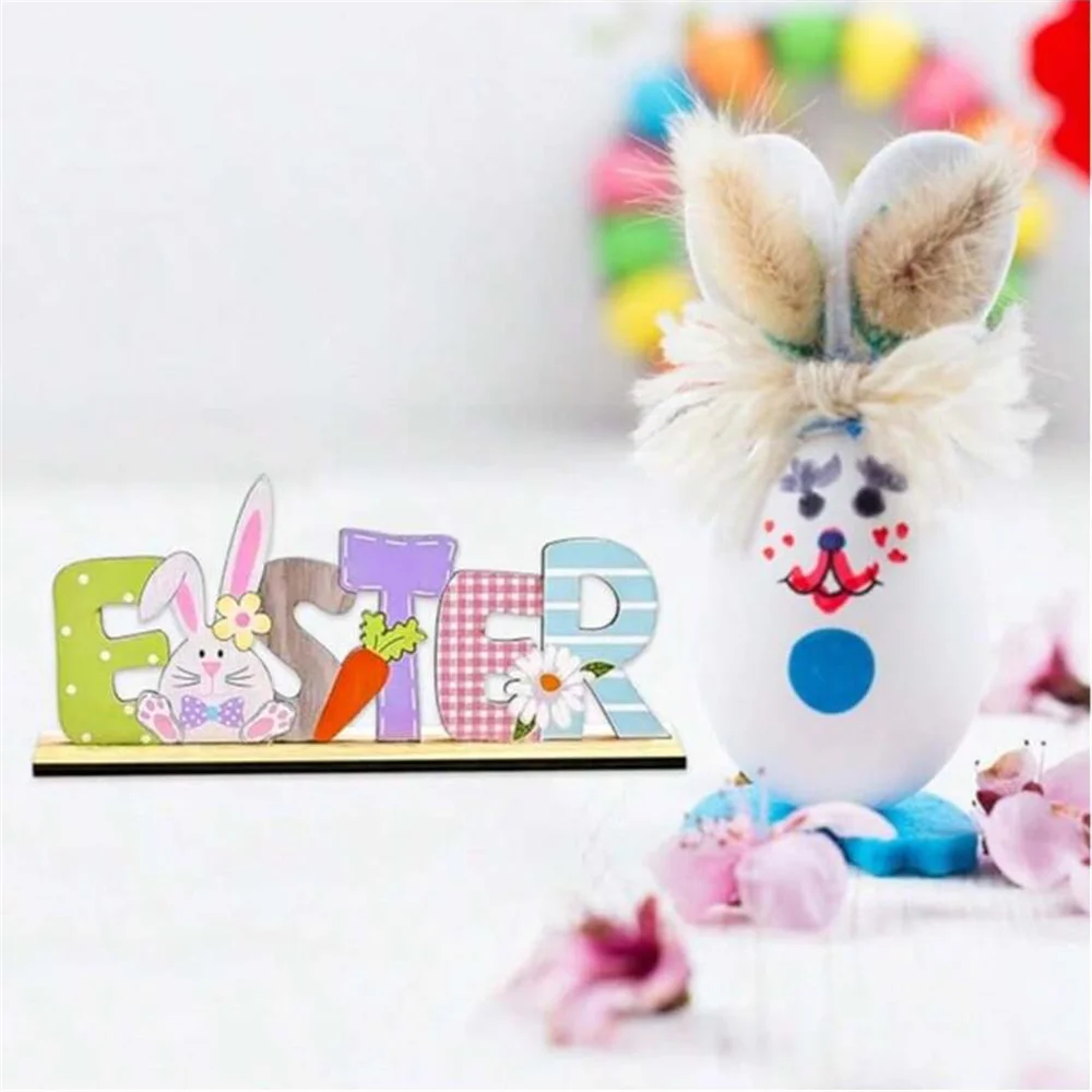 1pc Easter Decorations,Wooden Colored Letter Stand,Cartoon Rabbit Holding Egg Wooden Decor,Thematic Holiday Scenery Props