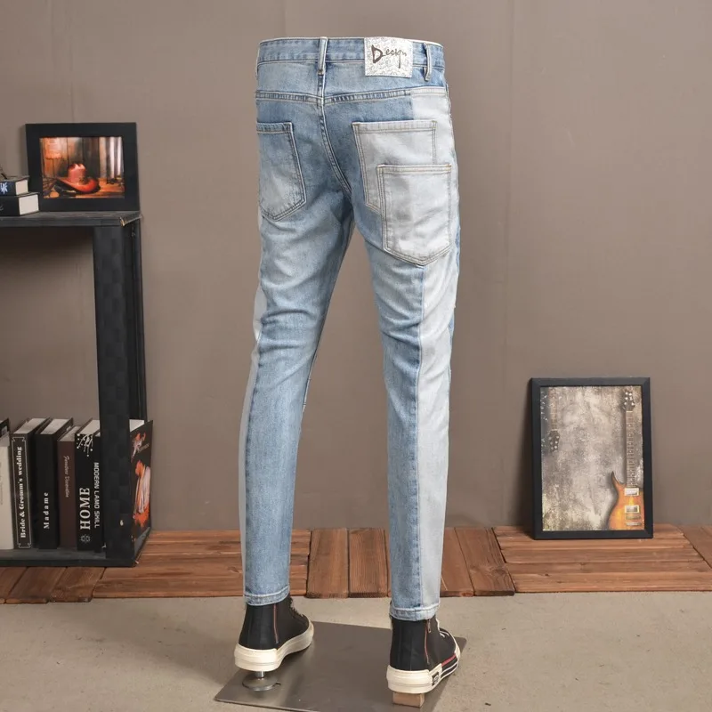 2022 Summer Jeans Men Streetwear Casual Pencil Pants Ripped Jean Light Blue Patchwork Slim Fit Denim Trousers