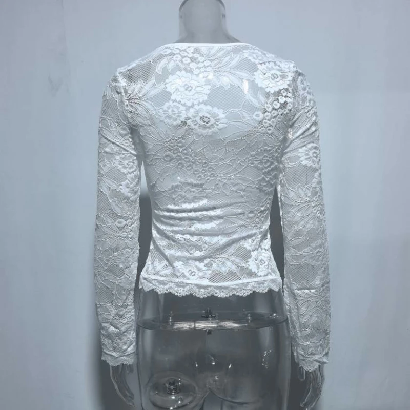 Sexy Club Lace Patchwork Slim Tshirts Women Square Neck Long Sleeve Mesh Semi-see-through Elegant T-Shirt Party Club Tees