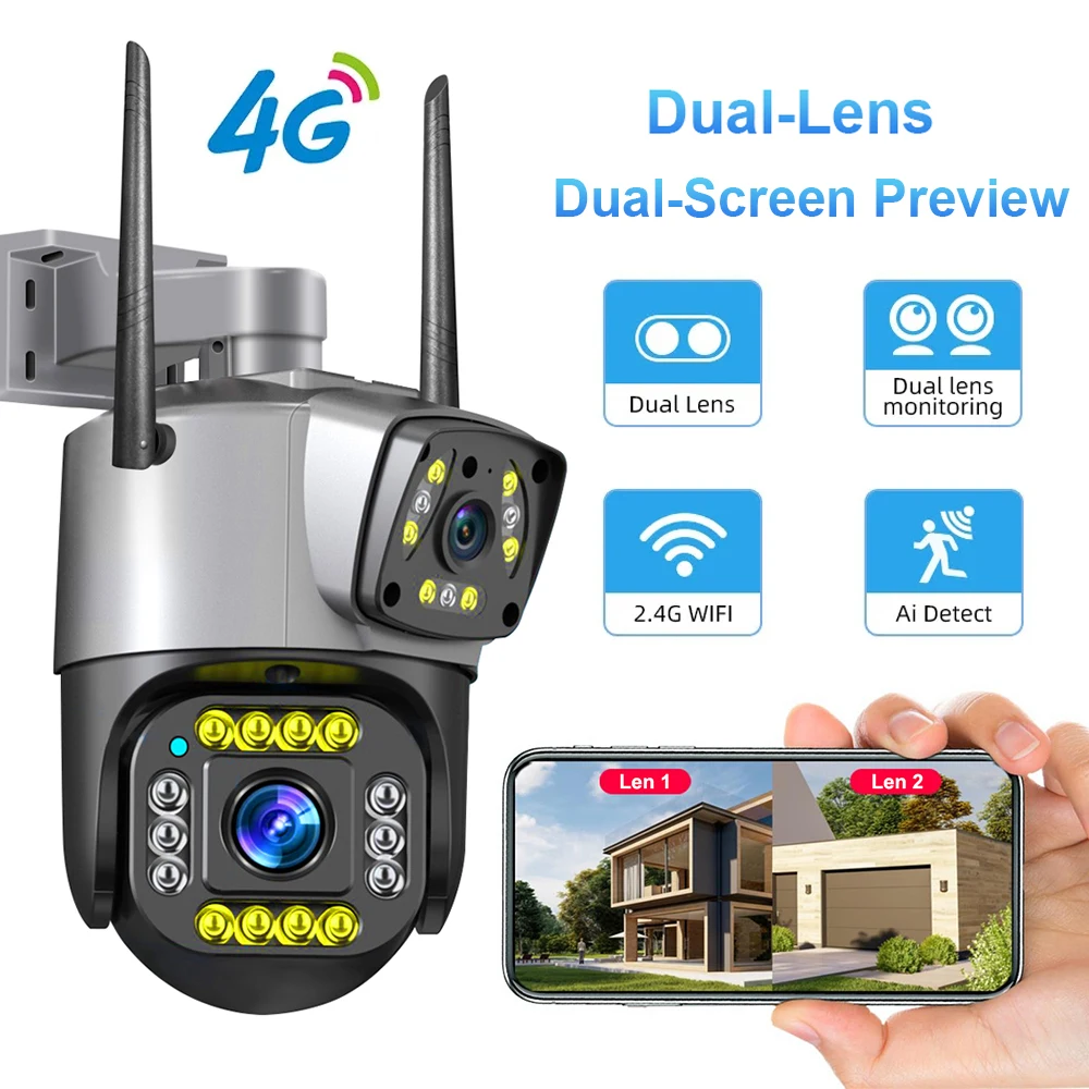 4MP Dual Lens 4G IP Camera Wifi Outdoor Dual Screen Webcam Smarthome 1080P Waterproof PTZ CCTV Camera Security Protection V380