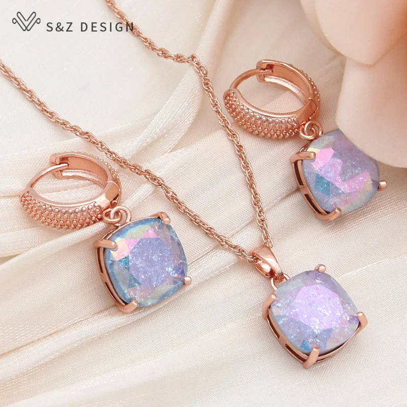 S&Z DESIGN New Fashion Square Crack Crystal Dangle Earrings Jewelry Sets For Women Wedding 585 Rose Gold Color Necklace Gift