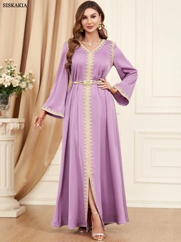 Siskakia Muslim Abaya Dubai Turkey Dress For Women Moroccan Fashion Tape Trim Full Sleeve V-Neck Galabiyat Robe Belted Clothing