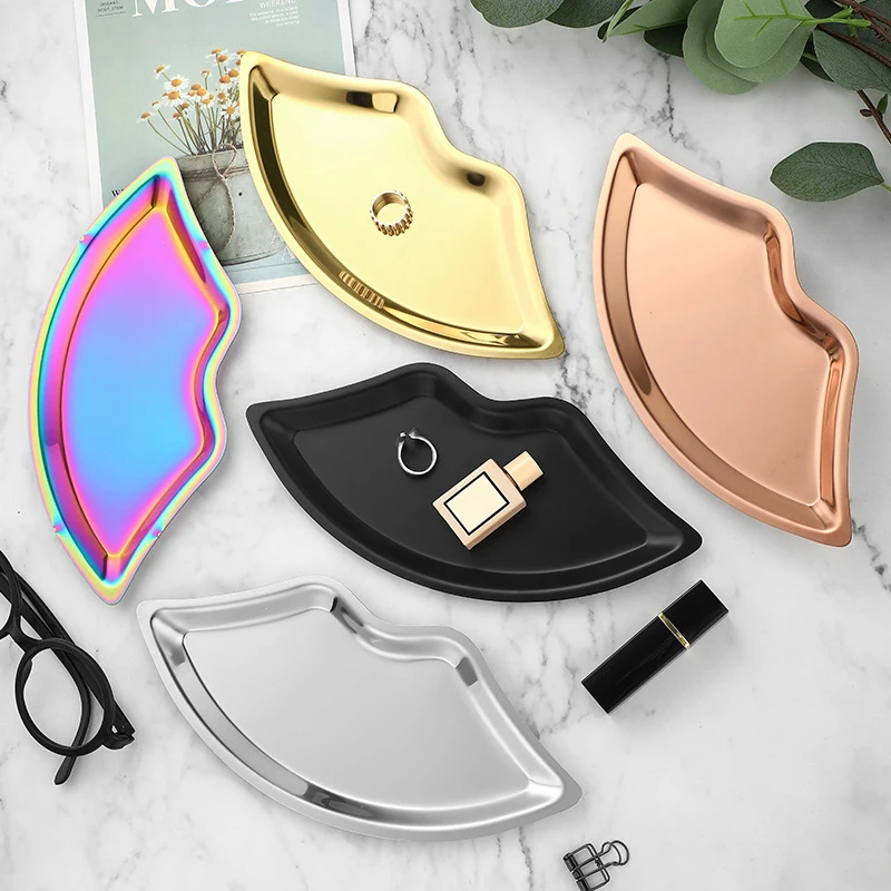 Stainless Steel Lip Shaped Jewelry Tray Home Cosmetics Metal Tray Female Jewelry Storage Tray Decorative New 2