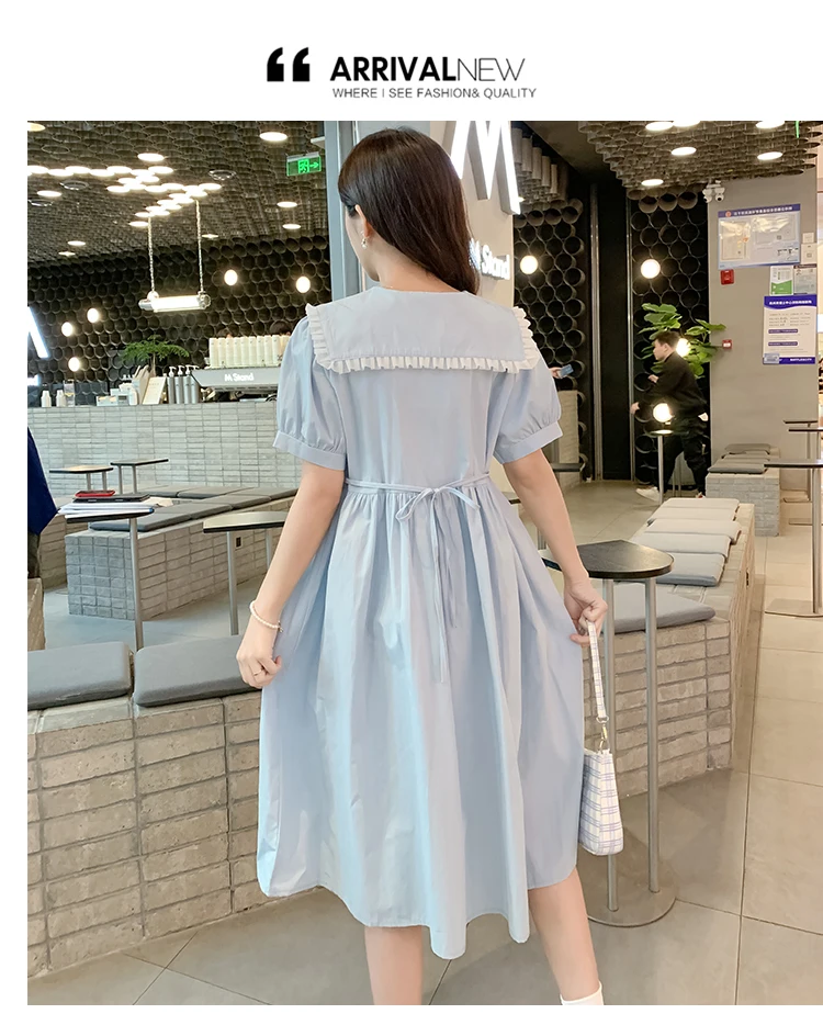 Summer Maternity Breastfeeding Dress Short Sleeve Turn-down Collar Pregnant Woman Nursing Dress Button Fly Postpartum Lactation