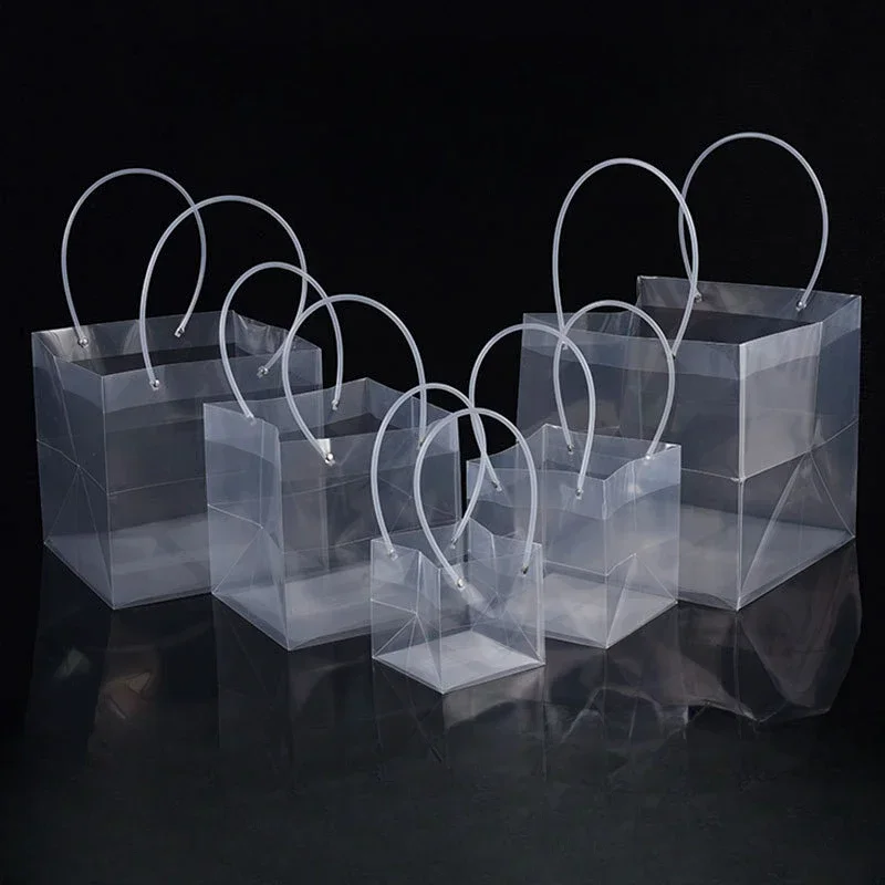 10pcs Square PP Transparent Handbag Plastic Frosted Cake with Hand Gift Portable Bag Durable Holiday Bouquet Gift Packaging Bags 6
