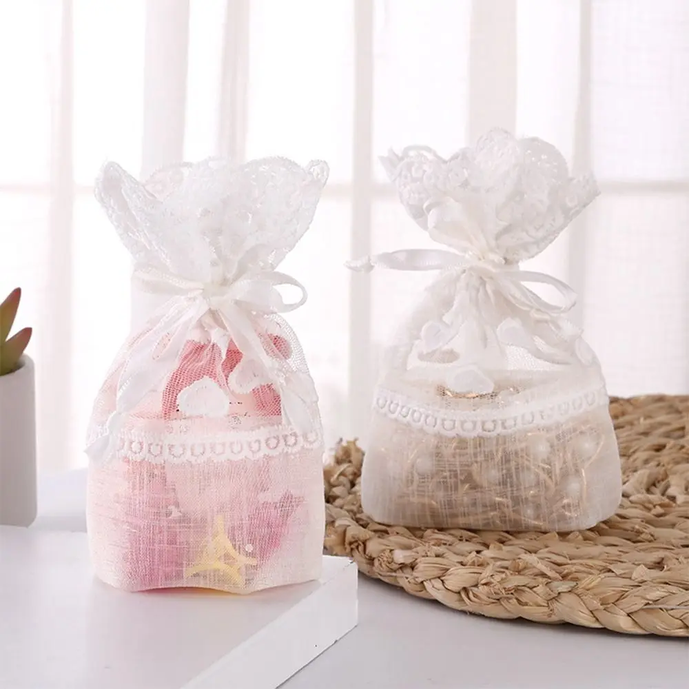 White Gauze Gift Bag with Lace for Festival Favor and Storage