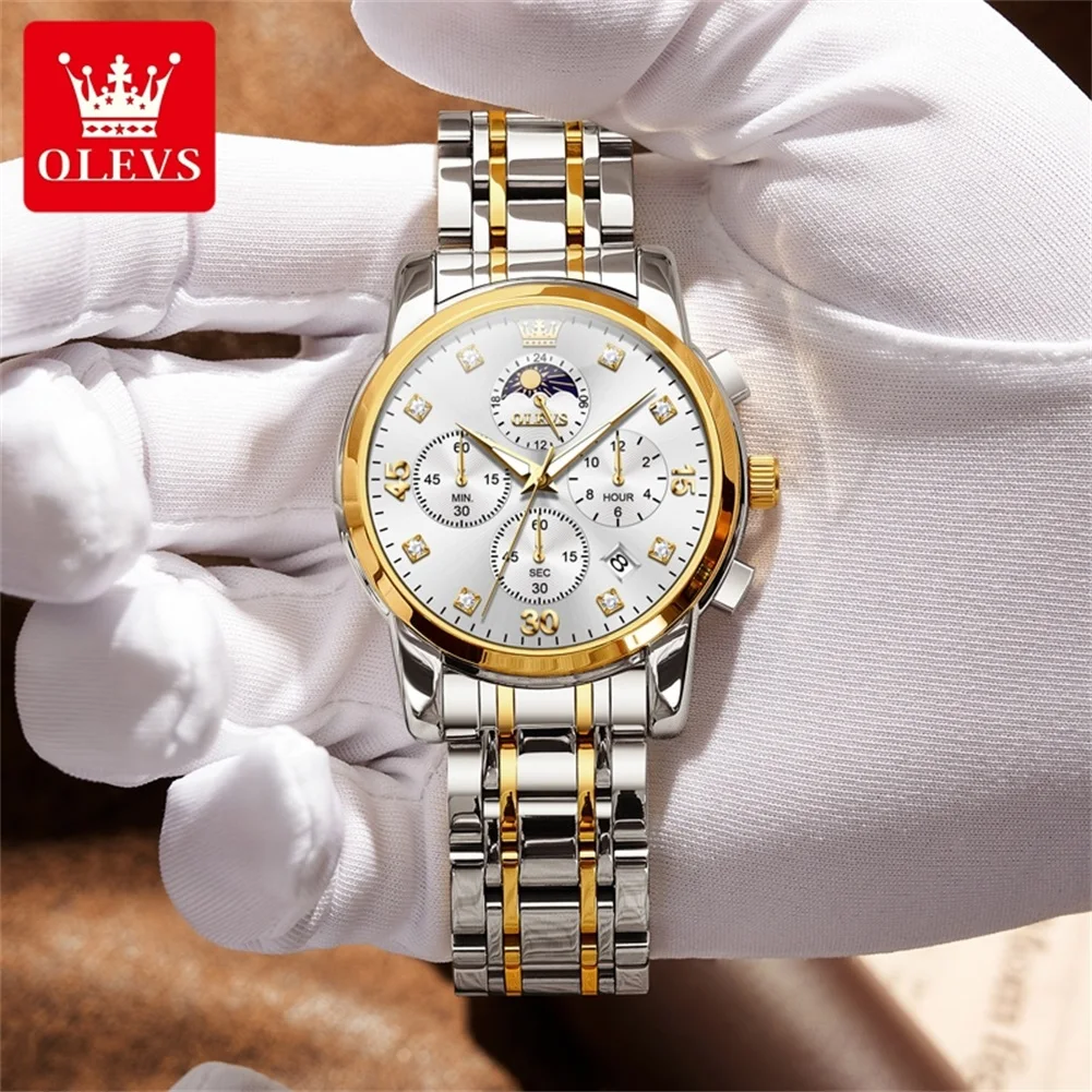 OLEVS 3652 Date Men Watch Luxury Original Quartz Business Wristwatch Chronograph Moon Phase Waterproof Luminous Watch For Men
