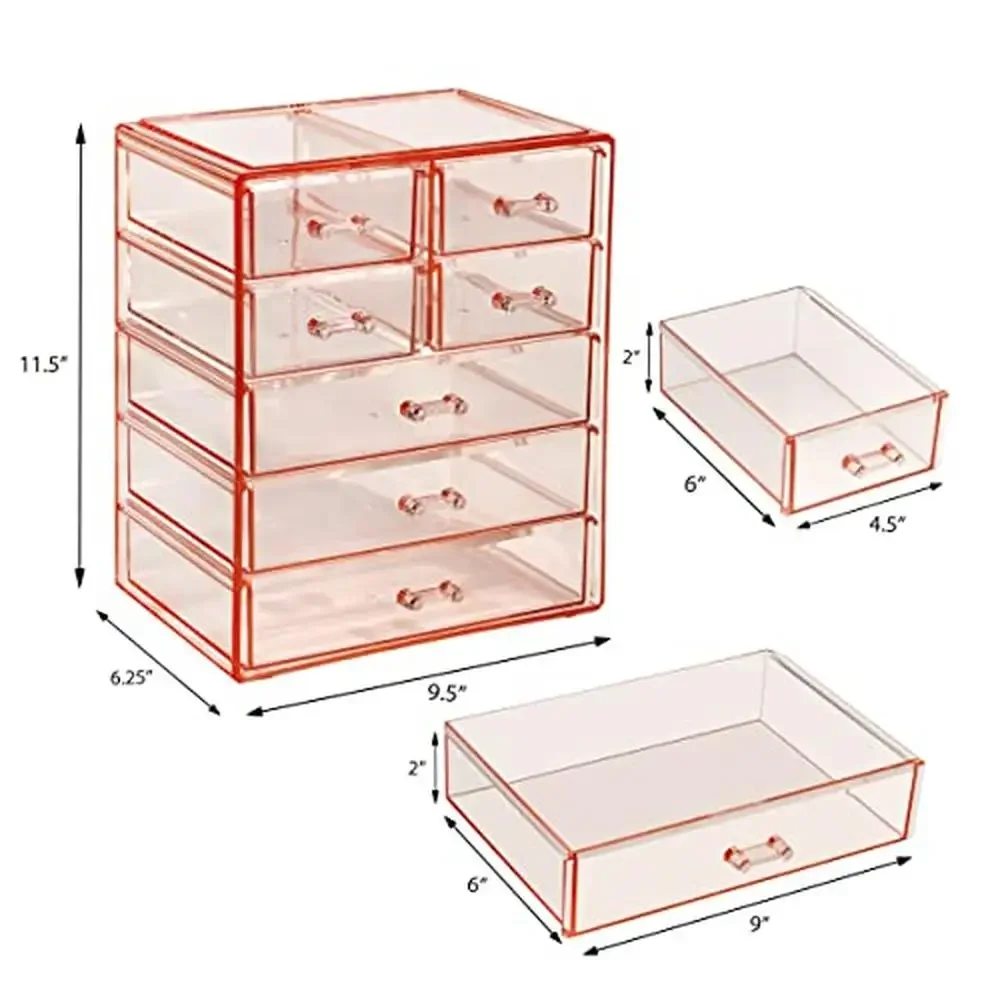 Cosmetic Organizer Set Acrylic Makeup Storage Bundle 7 Drawer Tower & 4 Drawer Jewlery Clear Pink Design Multipurpose 3
