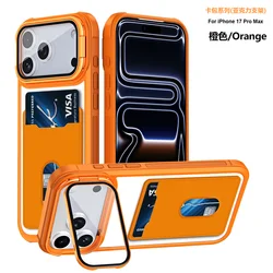 Transparent Acrylic Folding Lens Stand with Card Holder and Shockproof Wallet Cover - iPhone 14 Pro (Orange)