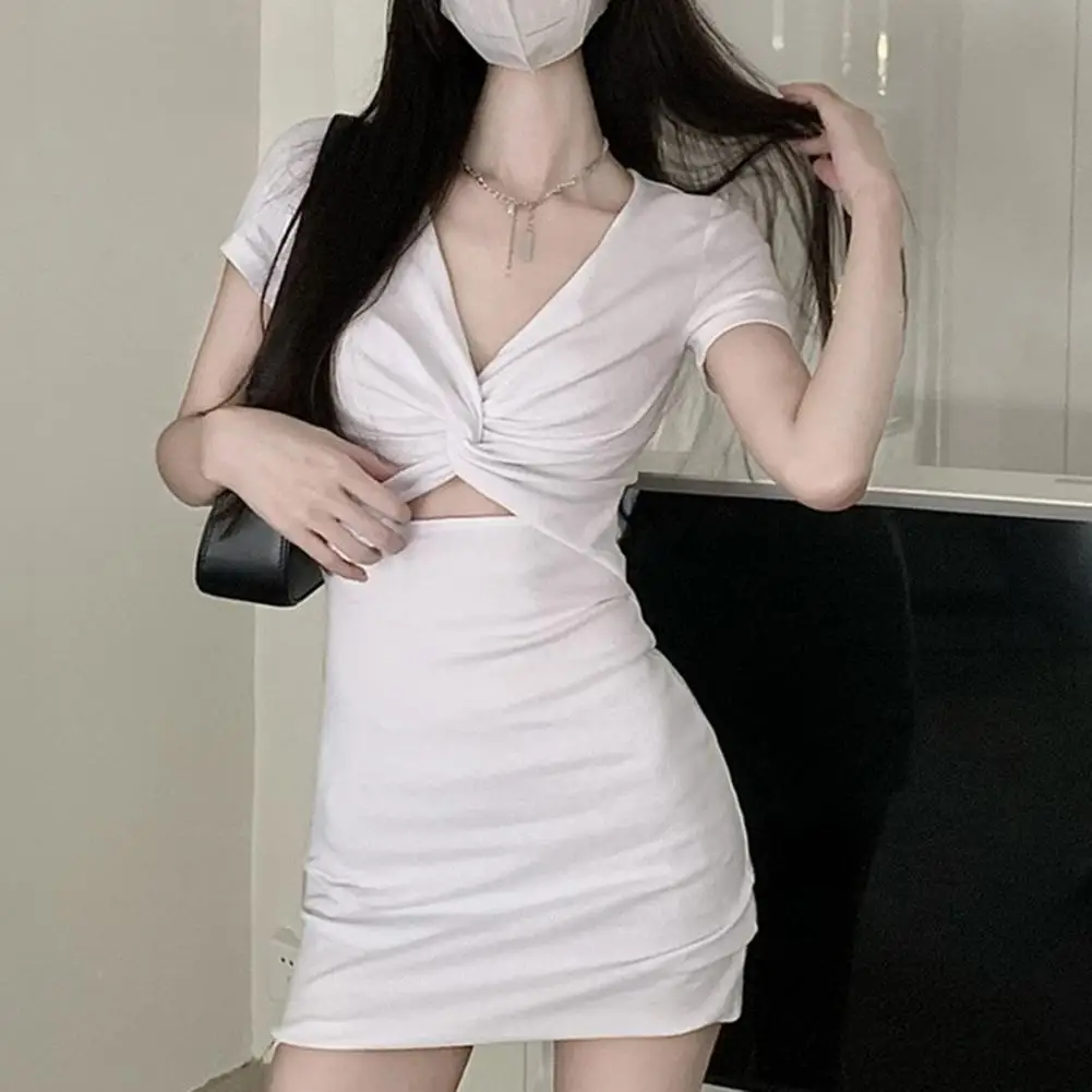 

Women Dress Elastic Fabric Dress Elegant V-neck Mini Dress with Knot Waist Detail Short Sleeves Women's Spring Solid for Above