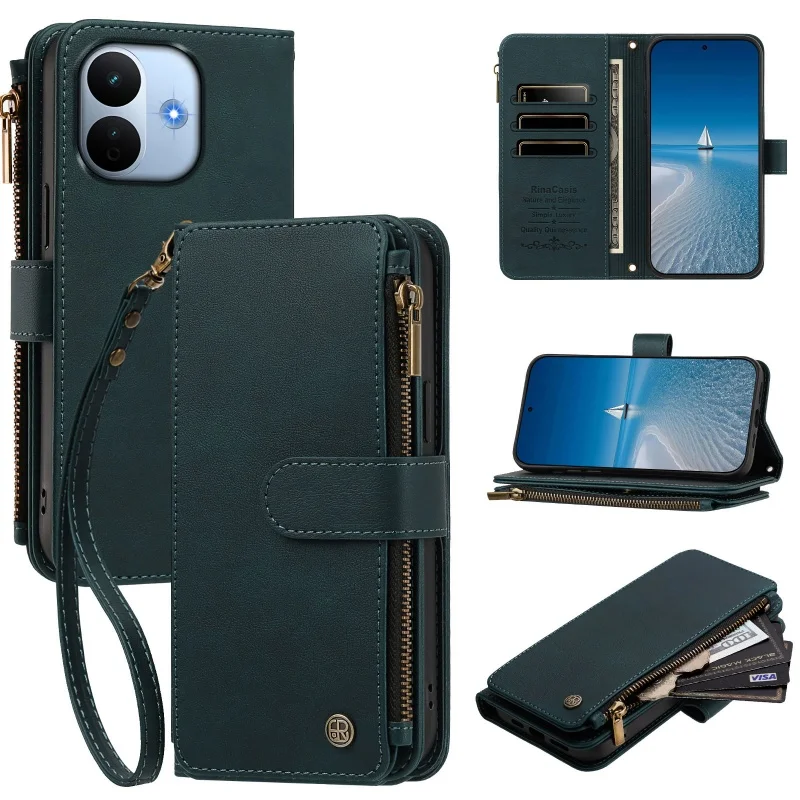 Retor Leather Zip Wallet Card Phone Case with Lanyard and Flip Purse Holder