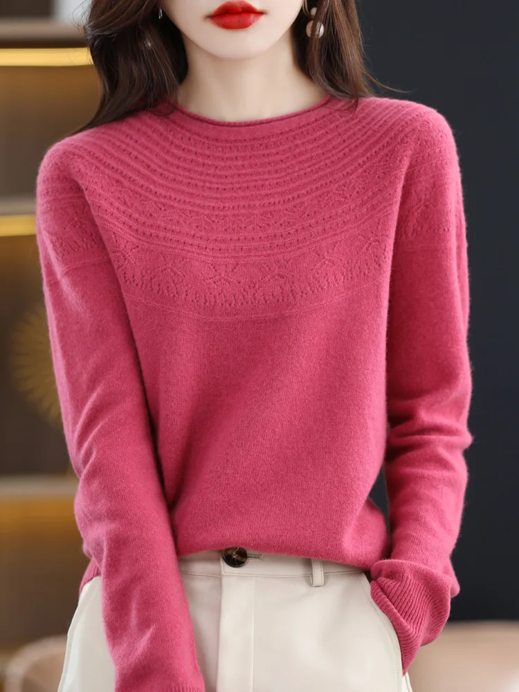 여성용 O넥 긴팔 할로우 아웃 스웨터, 심플한 캐주얼 의류 상의, 메리노 울 1..