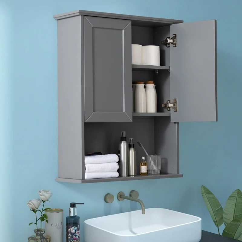 

Grey Cabinet Wall Mounted with 2 Doors, Wooden Medicine Cabinet with Adjustable Shelf, 23"x 29" Over Toilet Wall Hanging Cabinet