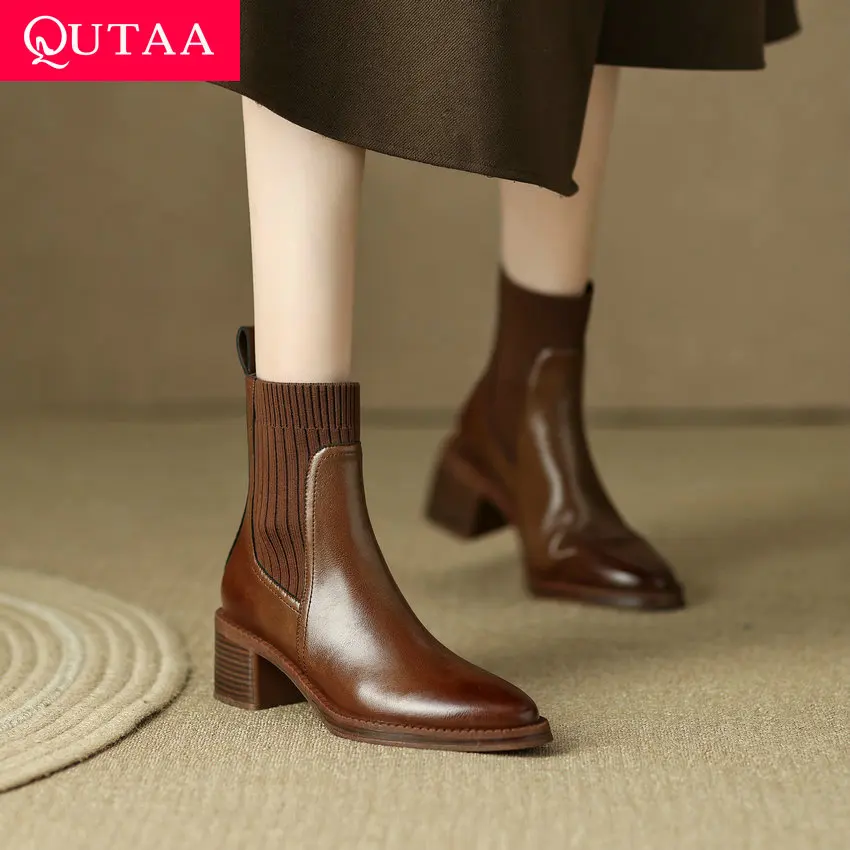 

QUTAA 2024 Splicing Knitting Genuine Leather Women Ankle Boots Thick Med Heels Lady Shoes Woman Autumn Winter Size 34-41