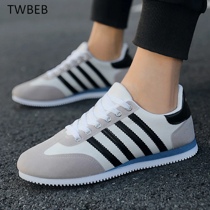 Men's Flat Running Shoes Blue Stripe PU Sport Shoes for Male