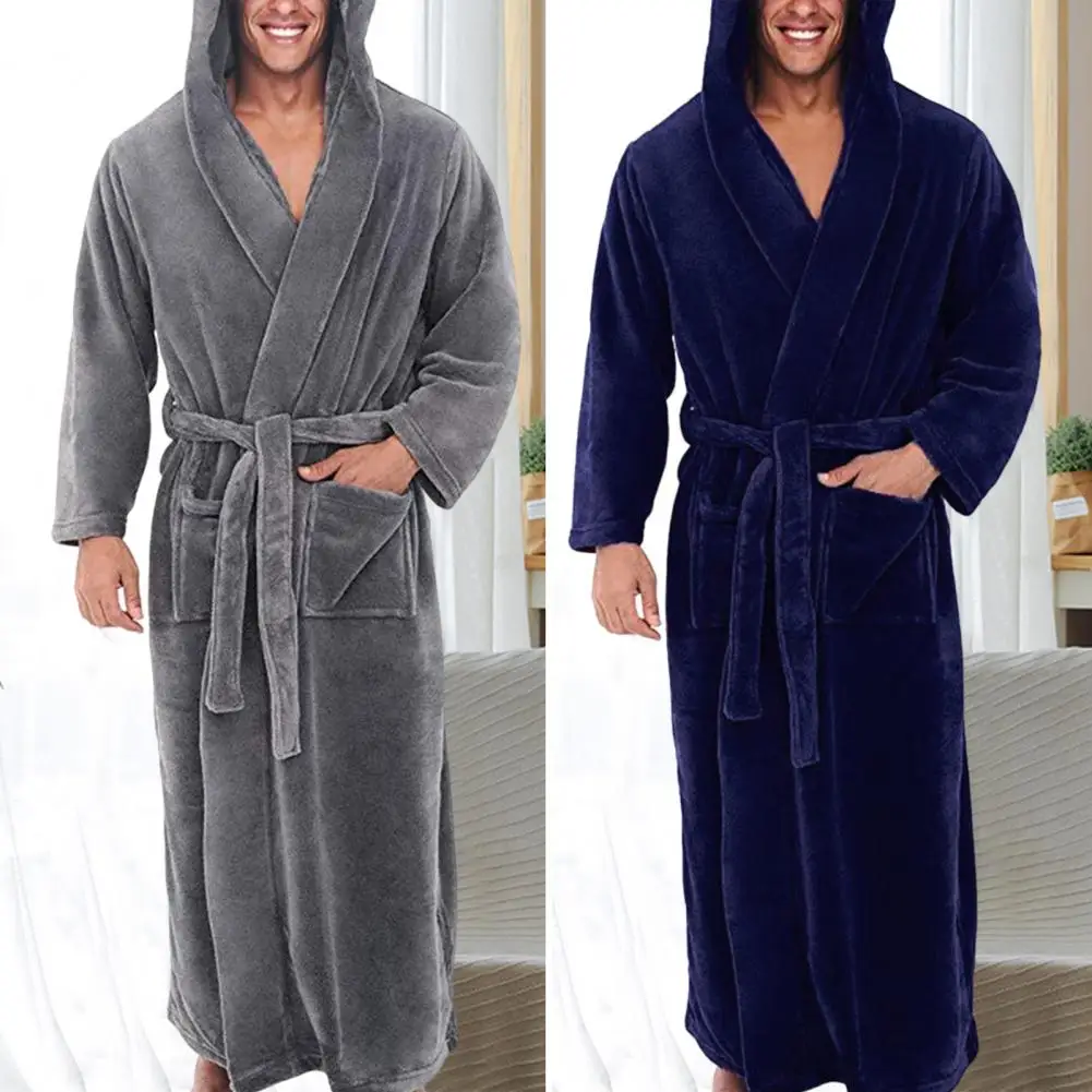 Long Sleeve Pocket Belt Solid Color Men Bathrobe Winter Warm Hooded