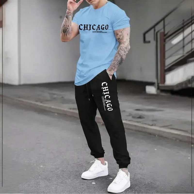 CHICAGO Print Men Tracksuit Set Jogger Clothing For Man Casual Suit Short Sleeve Tshirts+Trousers 2 Piece Outfits Streetwear 6