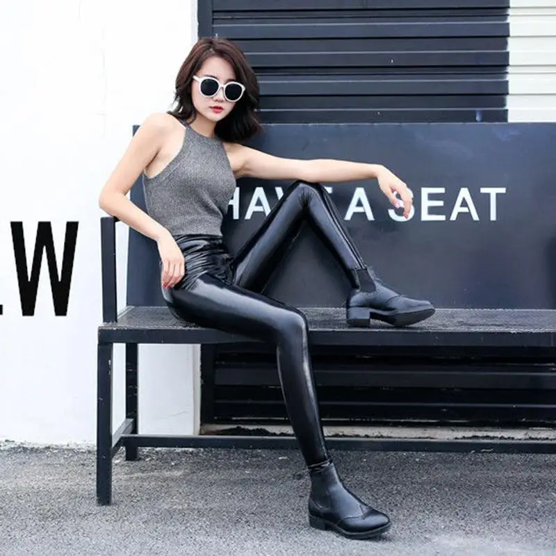 Open Crotch Outdoor Sex Women Fashion Stretch Slim PU Faux Leather Pants High Waist Leggings Waterproof Slim Sexy Black Trousers