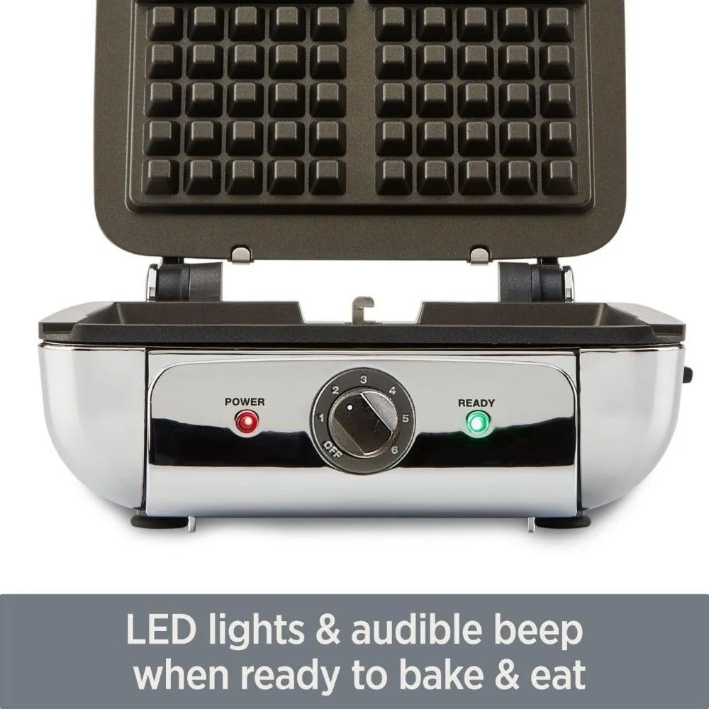 Electrics Stainless Steel Waffle Maker 4 Section Nonstick, Upright Storage 1600 Watts 6 Browning Levels, 4