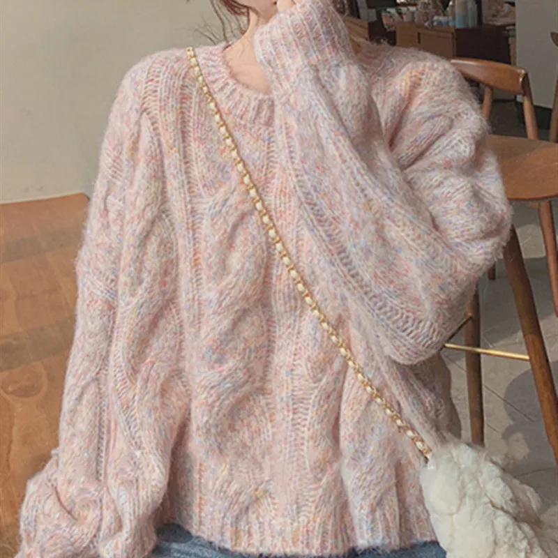 New Autumn Women's Crew Neck Long-sleeved Jumper Sweater Retro Winter Fashion Pink Loose Short Casual Knitwear Pullover Shirt