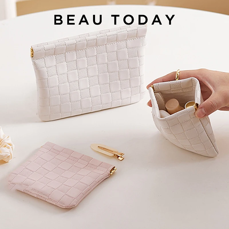 

BEAUTODAY Cosmetic Bag Women PU Leather Mini Solid Color Pladid Print Portable for Keys Lipstick Ladies Accessories Handmade C9
