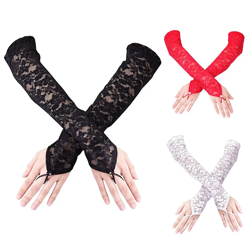 Lace Applications Beaded Bridal Gloves Ivory/White/Black/Red Long Elbow Length Fingerless Wedding Gloves Bride Accessories lace gloves,wedding dress gloves,wedding sleeve accessories