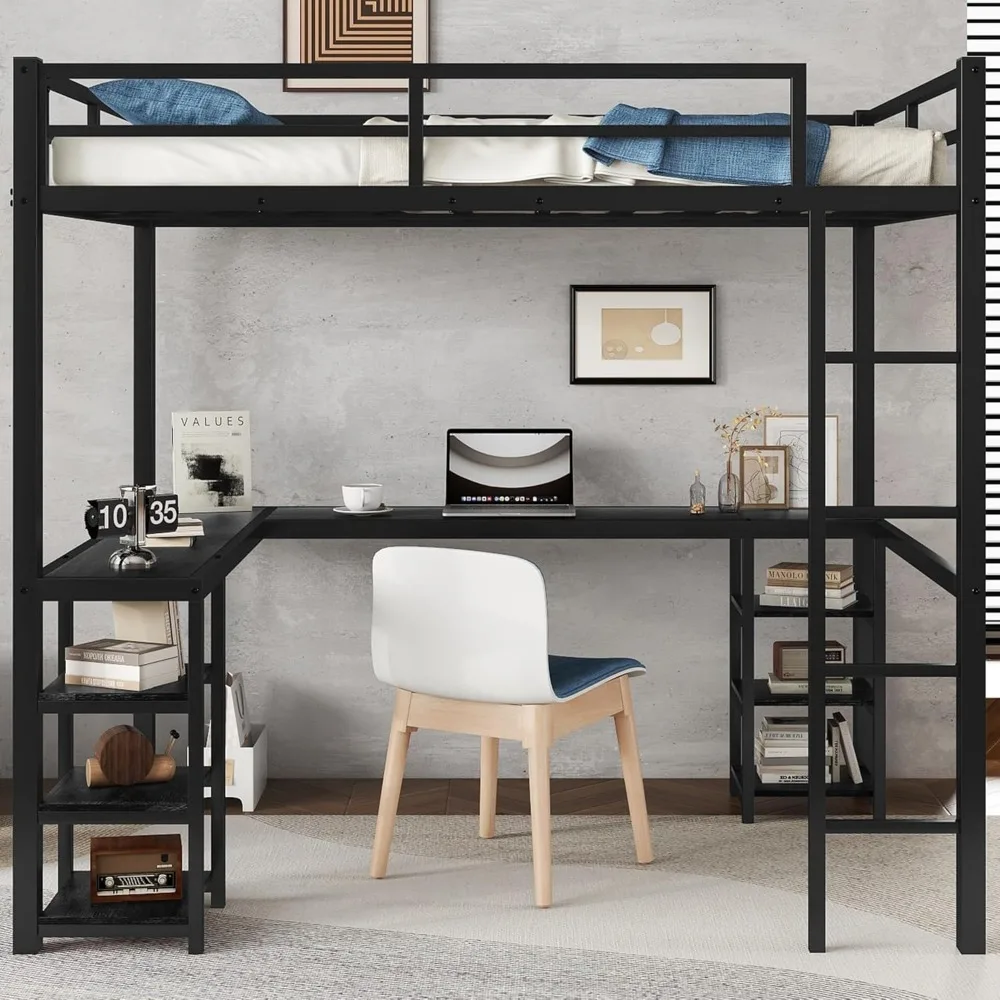 Children Beds, Full Size Loft Bed with Desk and Storage Shelves, Heavy Duty Metal Loft Bed with Black Desk and Guardrail 3