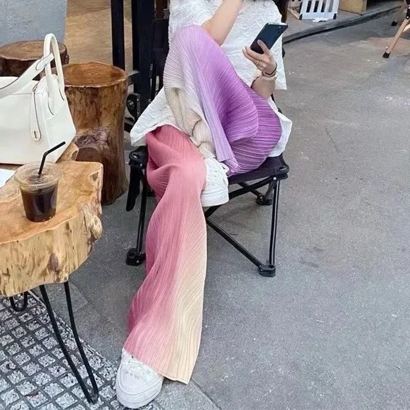 Spring Autumn High Waist Casual Fashion Gradient Tie Dye Pleated Sweatpants Ladies Loose All-match Wide Leg Pants Women Trousers