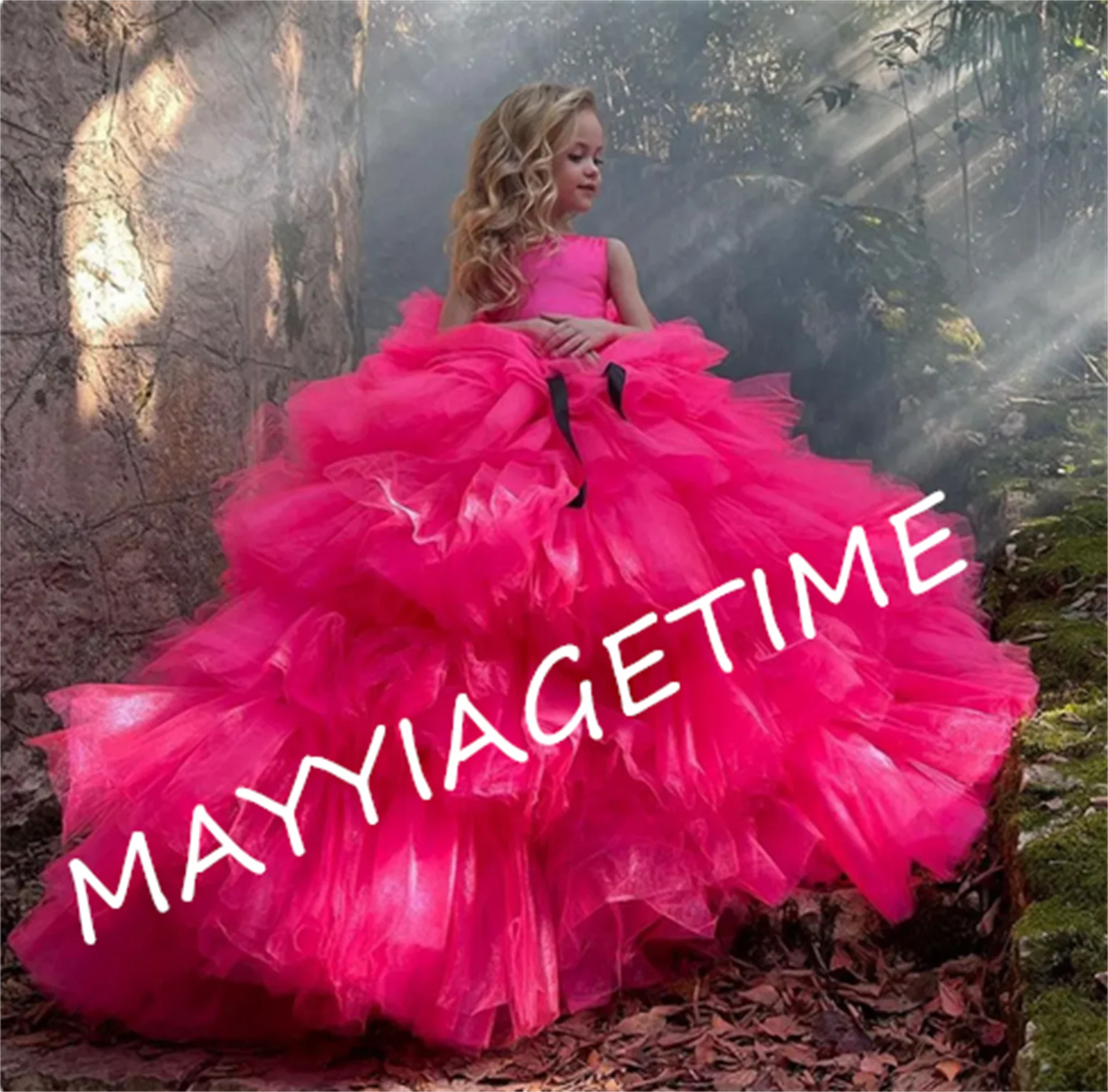 

Hot Pink Luxury Flower Girls Dresses 2023 Princess Puffy Kids Wedding Party Dress A-Line Gorgeous Bow Long Girl Princess Gowns