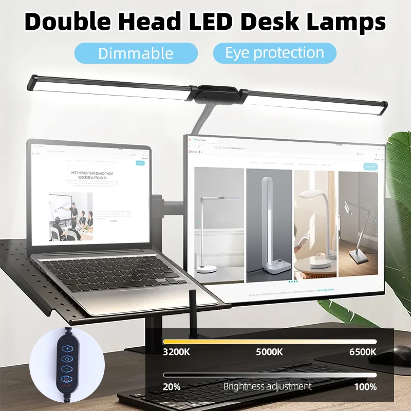 테이블 램프 LED 더블 헤드 책상 램프, 스윙 암 데스크 램프, USB 책상 조명, 디밍 테이블조명,LED 독서등 스탠드 와이드 스크린 모니터 조명, 공부 사무실용 USB 무단 조도 조절 테이블 램프, 24