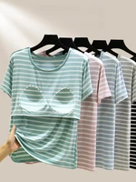 Modal Summer Chest Pad Short Sleeve Top Loose Bra-Free Stripe T-shirt Thin Versatile Outer Wear Bottoming Shirt