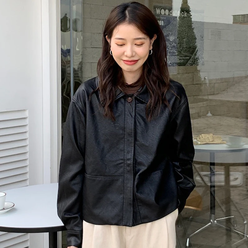 Casual Women's Leather Jacket Spring Autumn 2024 New Retro Lapel Single Breasted Faux Leather Short Coats Tops jaqueta de couro