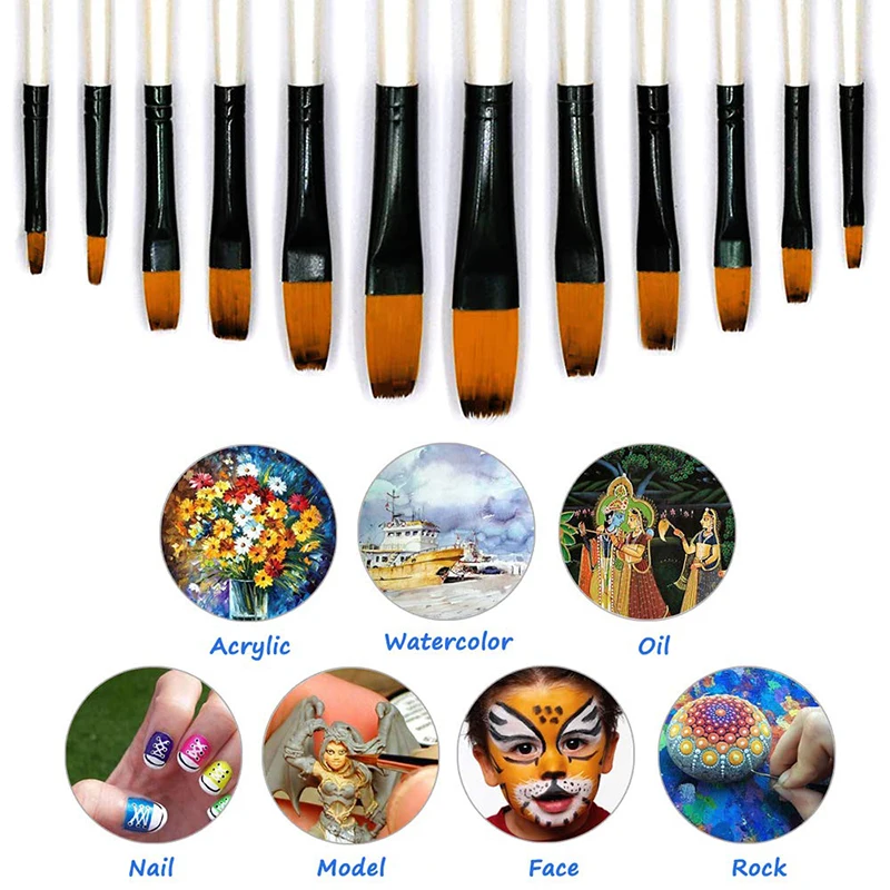 Professional Art Paint Brushes Set 12pcs Nylon Flat Paint Brush for Watercolor Oil Acrylic Face Body Nail Rock Painting Acrylic