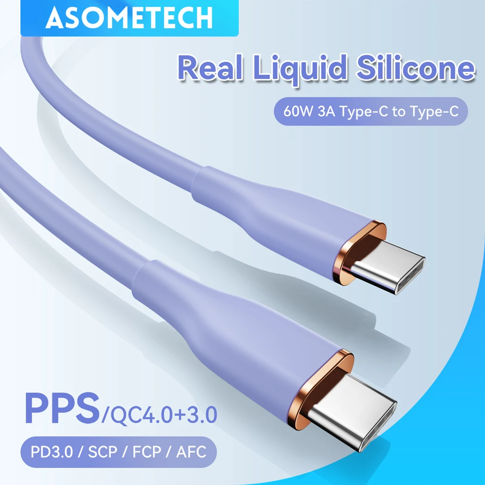 ASOMETECH 1M/2M USB C To Type C Cable PD 60W Fast Charging Wire USB-C Charger Data Cord For Macbook Samsung Xiaomi Type-C Cable